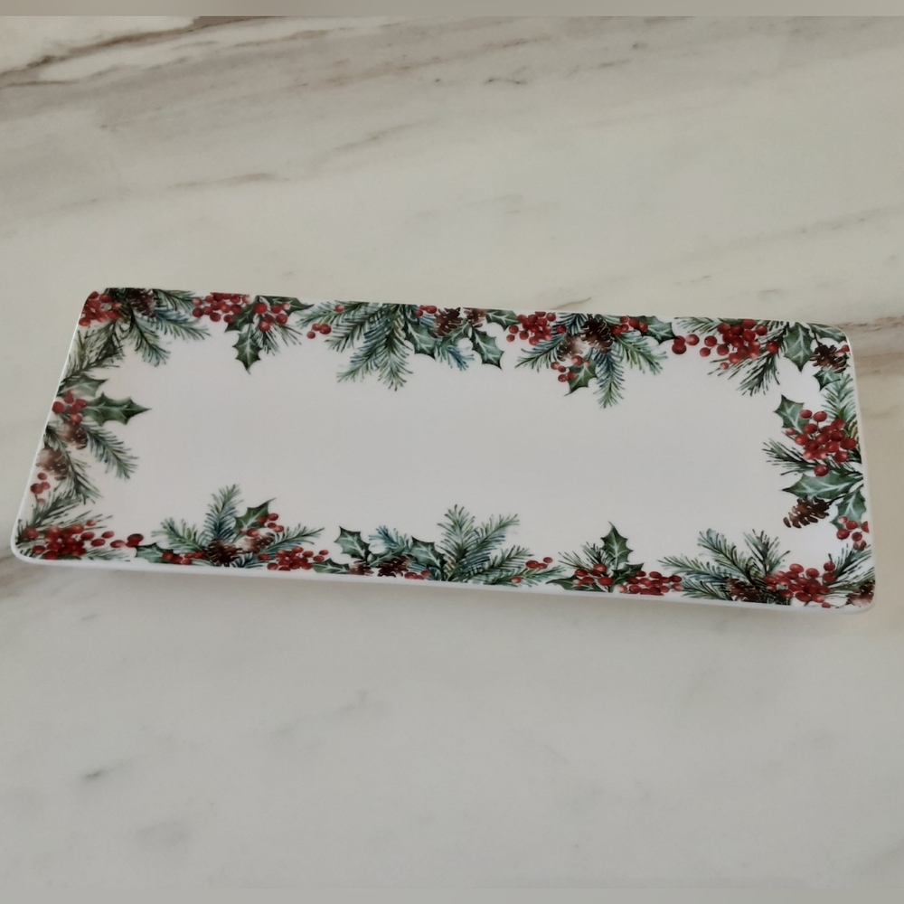 Pier 1 Imports Ironstone Holly Berries Christmas Rectangle Serving Tray Platter